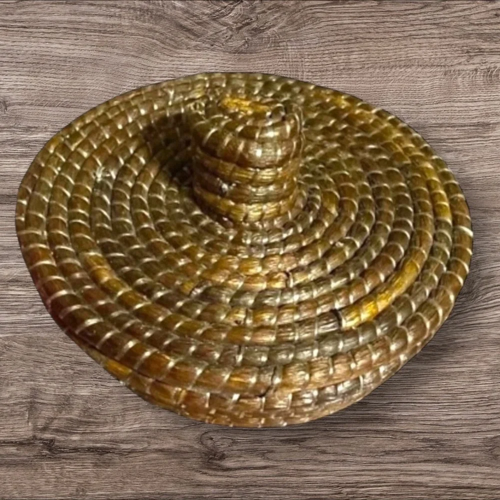Vintage Woven Coiled Basket With Lid Brown Beige Tribal Boho 8.5” wide